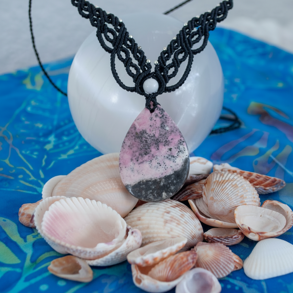 A teardrop-shaped pink and black stone pendant necklace on a black macrame cord, displayed on a blue patterned surface with seashells and a white stone prop.