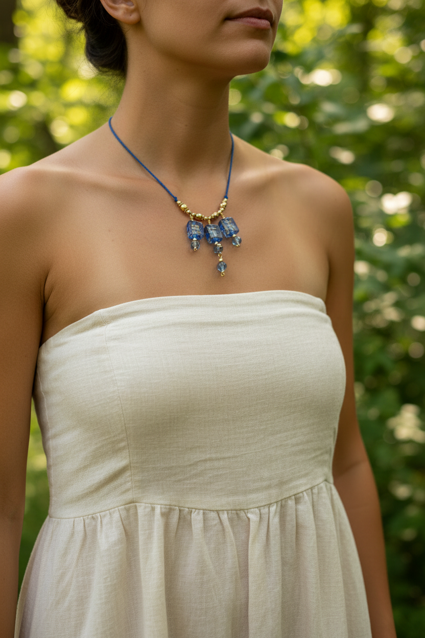 Handmade cobalt blue lampwork glass macrame necklace with gold foil detail shown worn on model in strapless cream dress against green garden background.