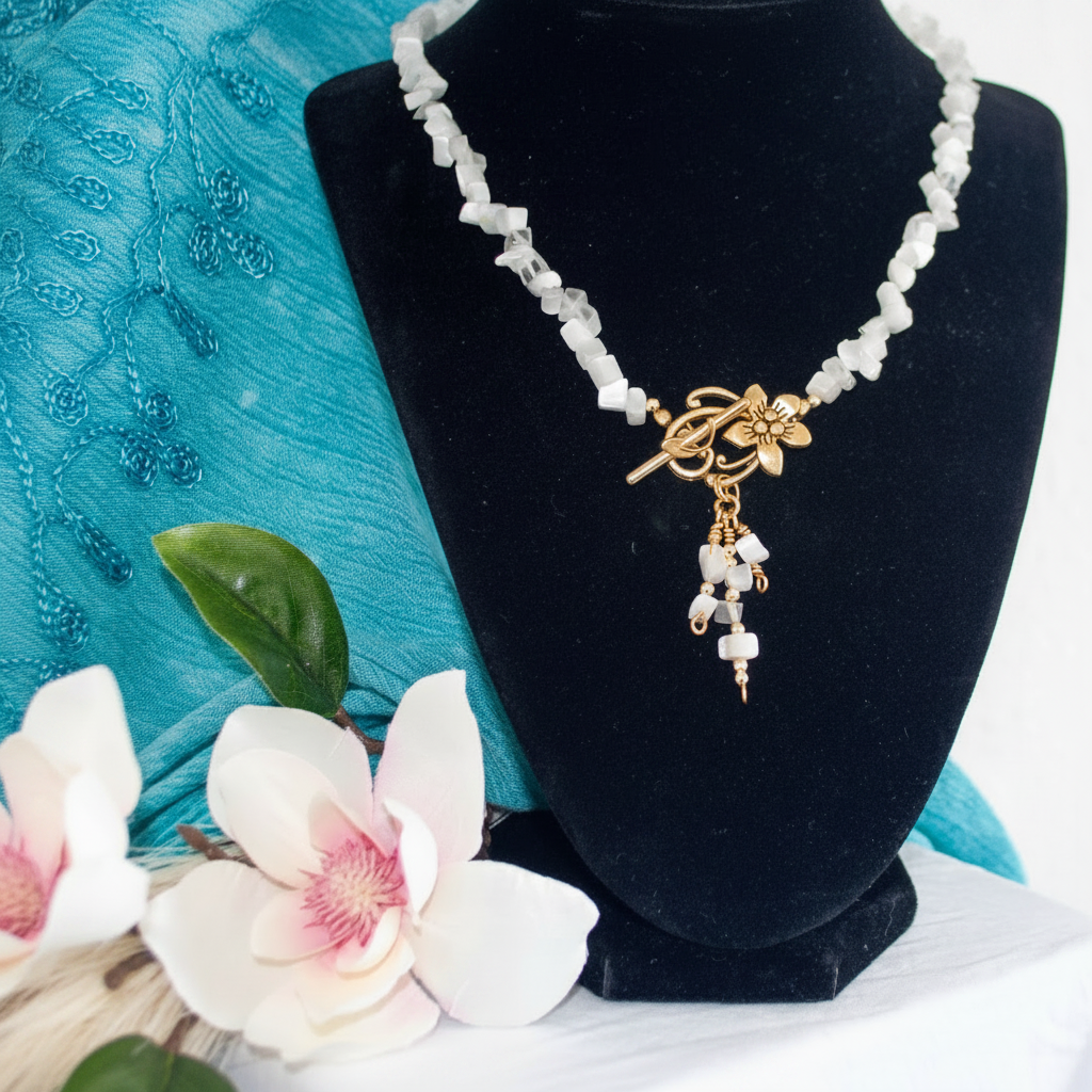 A beaded necklace with white stone-like beads and a gold-toned floral pendant, displayed on a black jewelry bust. The bust is set against a turquoise fabric backdrop with decorative white flowers in the foreground.