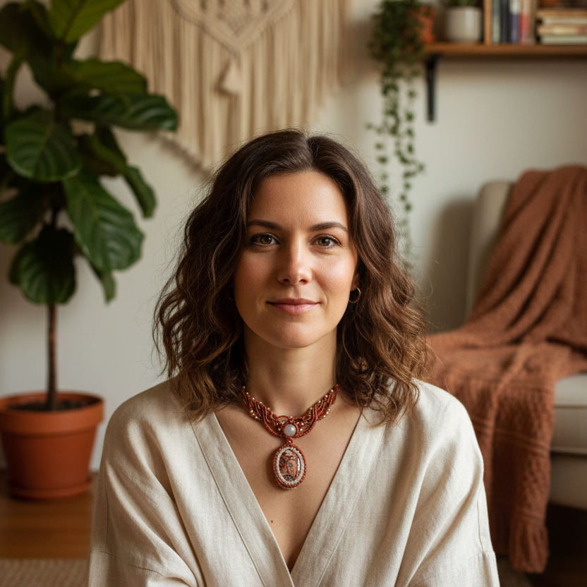A woman with wavy brown hair wearing a cream-colored linen top and a red macrame necklace with a large oval pendant, posing in a cozy, warmly lit room with a potted plant and a throw blanket in the background.