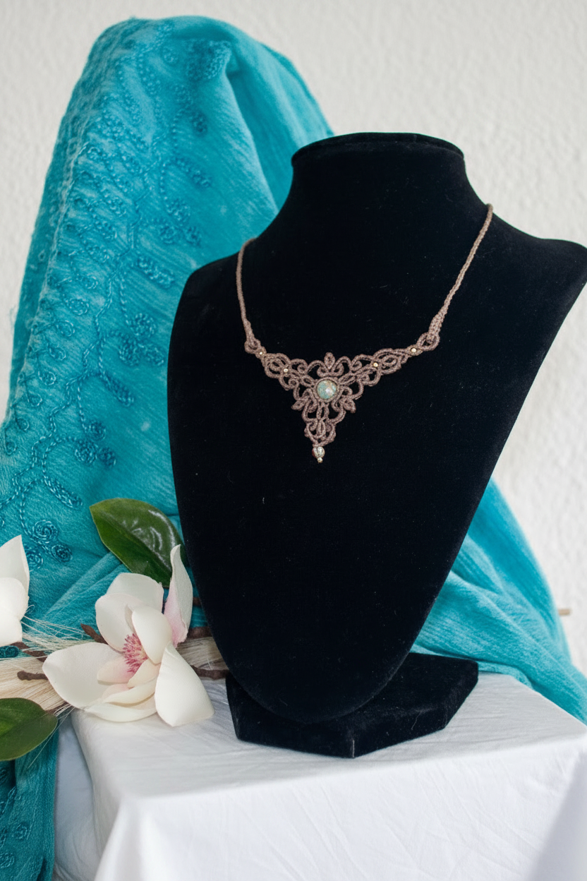 An ornate filigree necklace in a mocha brown tone with a central Calsilica bead, displayed on a black velvet jewelry bust. The bust is styled with a turquoise fabric drape and white flowers on a white surface
