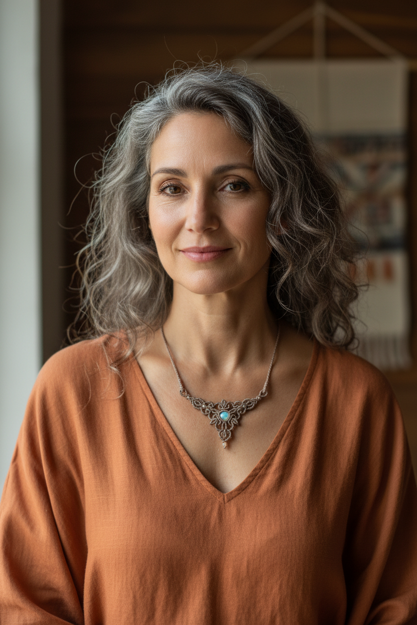 A woman with wavy gray hair wearing a rust-orange V-neck top and an ornate mocha brown necklace with a calsilica stone, photographed in a softly lit indoor setting.