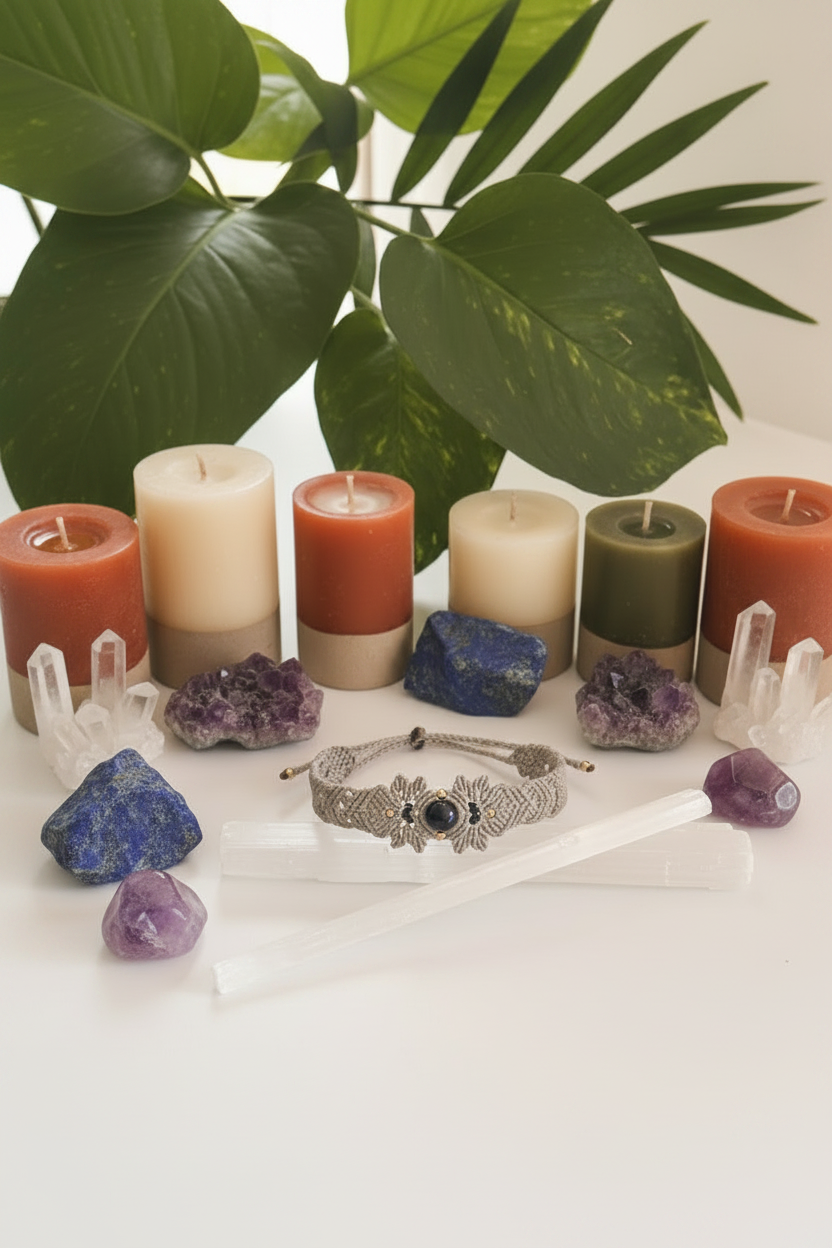 A styled flat-lay of a light gray macrame cuff bracelet with a central lapis lazuli stone and small brass accent beads, displayed with white and orange pillar candles, raw amethyst and lapis lazuli crystals, clear quartz points, and white wax sticks on a white surface with a green plant in the background.