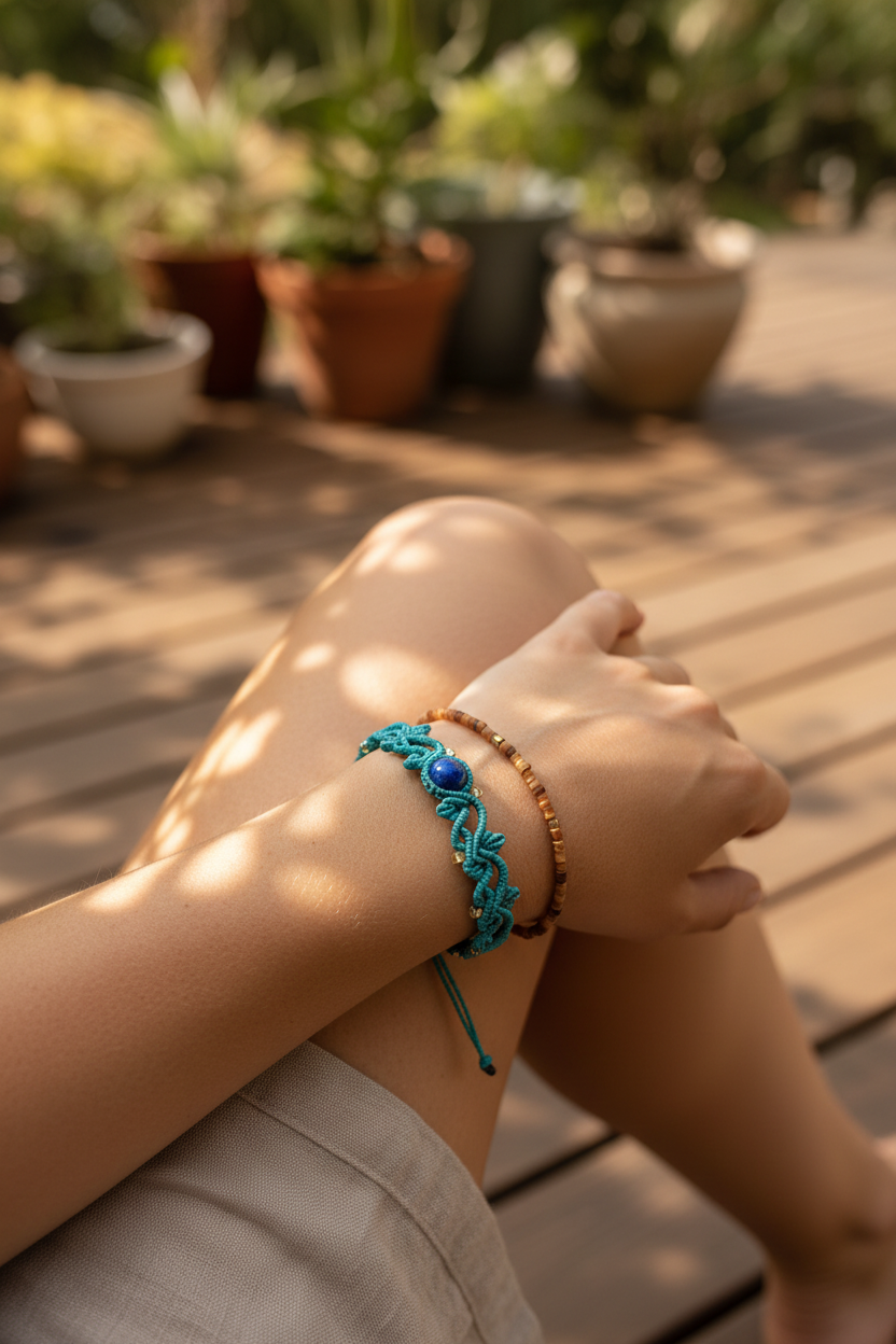 A close-up of a person's wrist wearing two bracelets outdoors on a wooden deck with potted plants in the background. One bracelet is teal cord with a blue bead, and the other is a brown beaded bracelet.