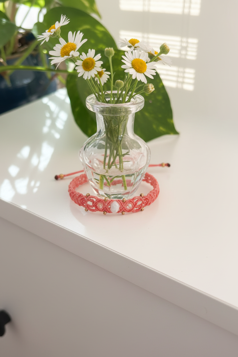 A clear glass vase with white daisies in a white tabletop, with a salmon pink macrame bracelet draped around the base of the vase.