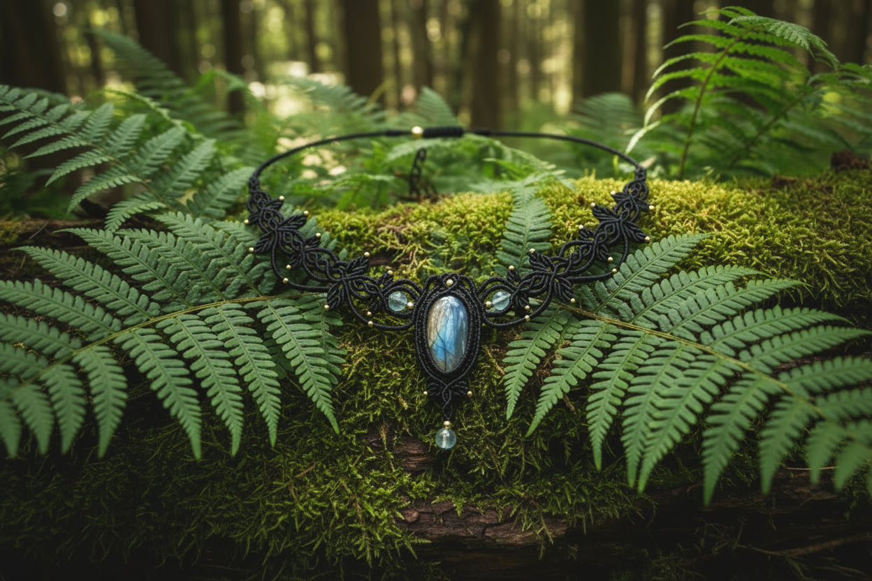 Black macrame-style necklace with a central oval blue-gray stone and small light blue beads, photographed on a plain light background.