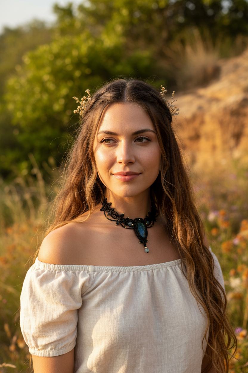 Black macrame-style necklace with a central oval blue-gray stone and small light blue beads, photographed on a plain light background.