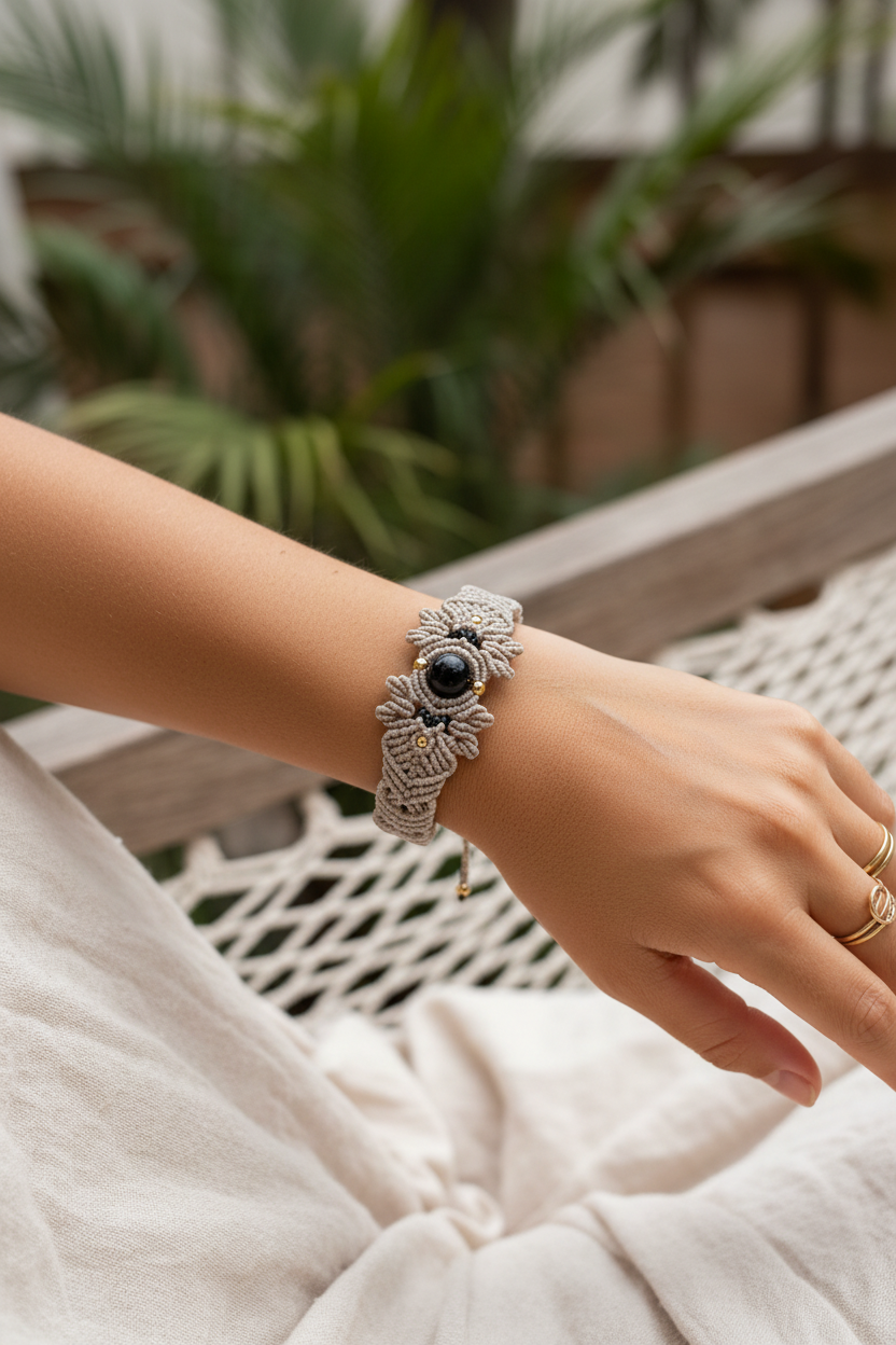 A close-up of a person's wrist wearing a light gray bohemian-style macrame bracelet with a central lapis lazuli bead, resting in a white hammock with a blurred tropical garden background.