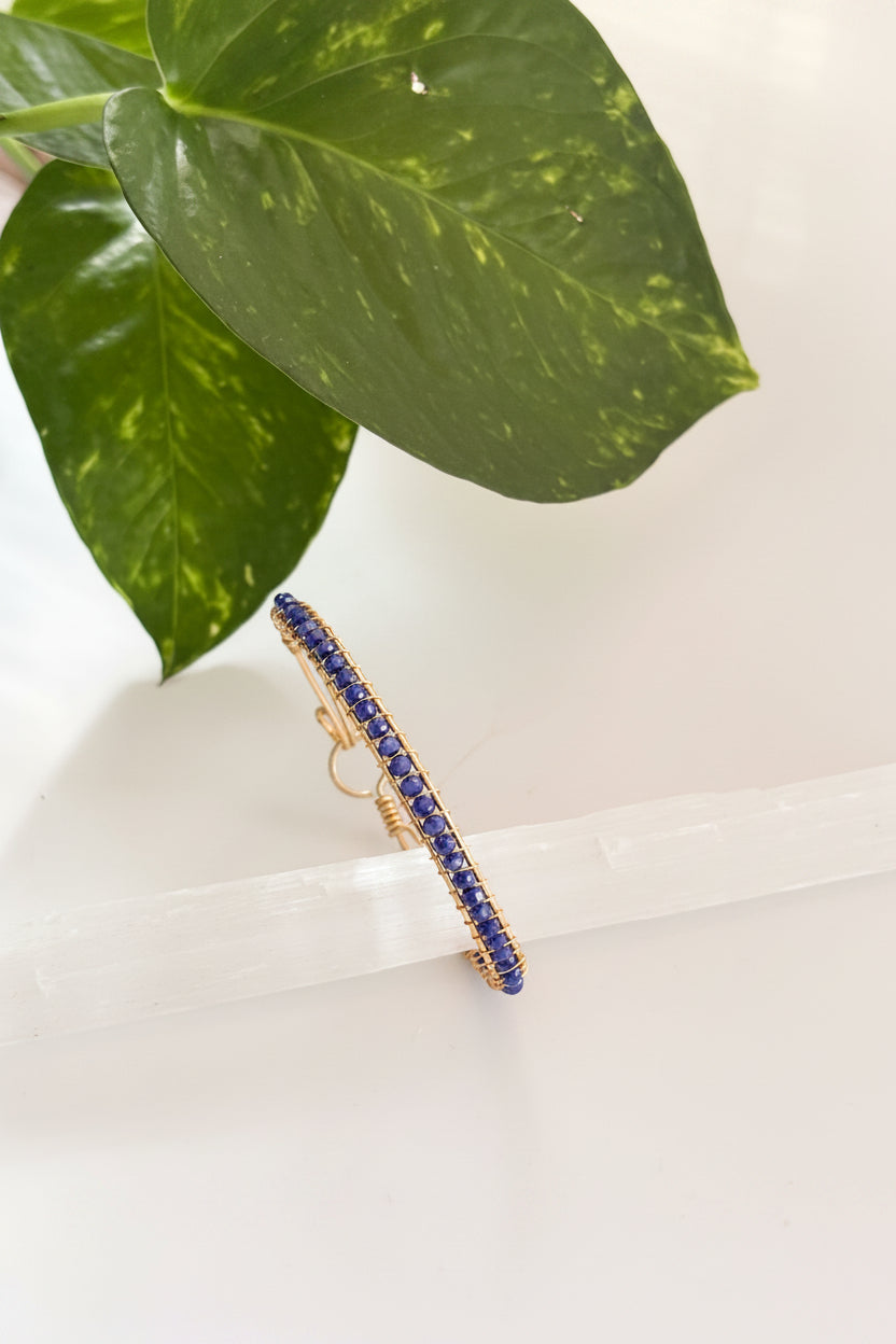A brass bangle bracelet with a row of deep blue faceted crystal stones, displayed on a clear acrylic stand next to a green plant leaf against a white background.