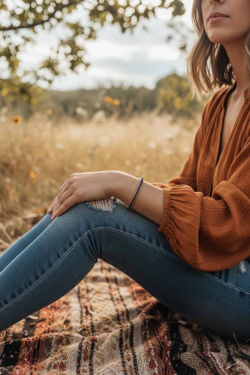 A woman sitting outdoors on a plaid blanket in a field, wearing a rust-orange blouse, blue jeans, and a blue beaded bangle bracelet.