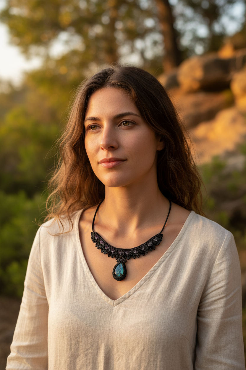 Shades of Purple - Black Macrame Necklace with Abalone