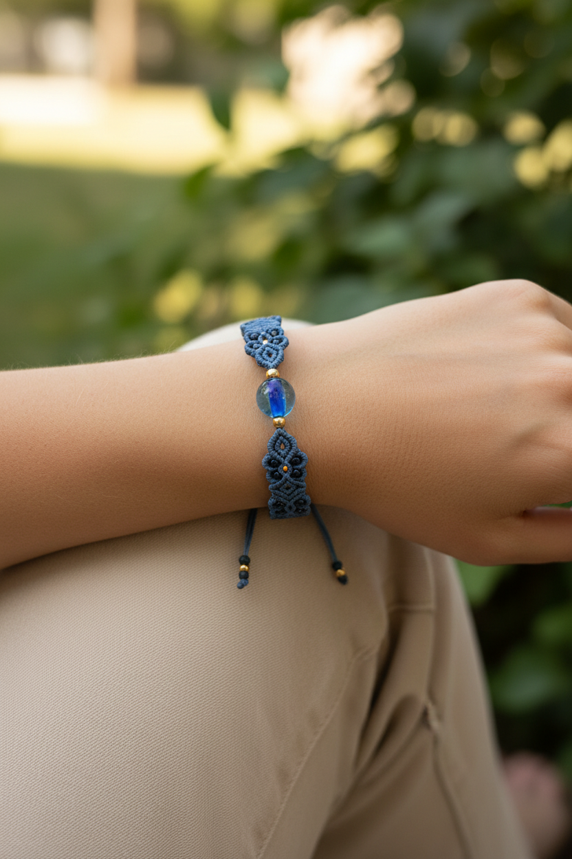 A close-up of a person's wrist wearing a medium blue macrame bracelet with a central aqua blue glass disc bead and brass spacer details, set against a soft-focus outdoor background.