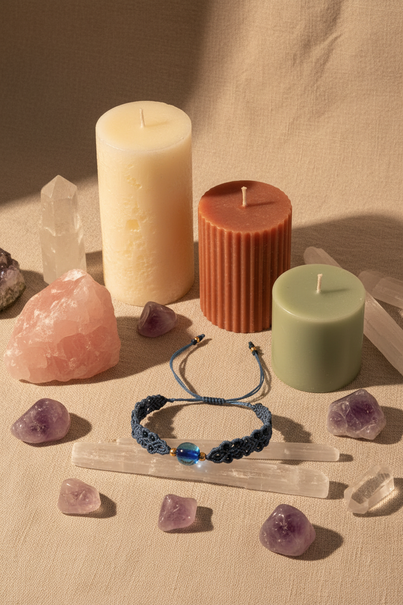 A styled flat-lay featuring a medium blue knotted cord bracelet with a central aqua blue glass disc bead, surrounded by various crystals, quartz sticks, and three pillar candles in cream, terracotta, and sage green on a beige fabric background.