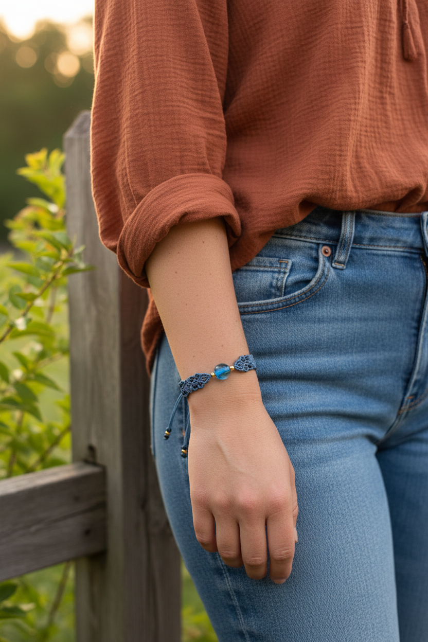 A person wearing a medium blue macrame bracelet with a central aqua blue glass disc bead and small brass bead accents, paired with a rust-orange blouse and blue jeans, standing outdoors near a wooden fence.