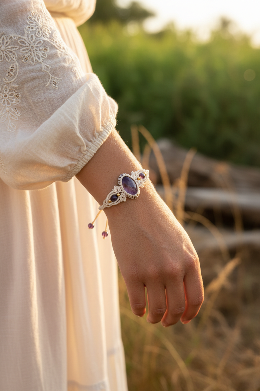 A close-up of a person's wrist wearing a cream macrame cuff bracelet with a prominent oval purple stone and smaller purple and blue stones, set against a soft-focus outdoor background.