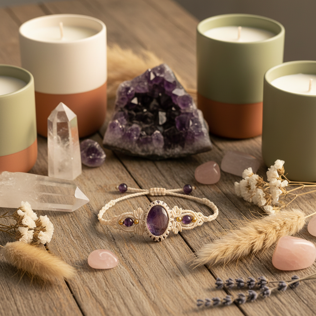 A styled flat-lay featuring a cream macrame cuff bracelet with a large oval purple amethyst stone centerpiece, surrounded by candles, crystals, dried grasses, and pink stones on a rustic wooden surface.