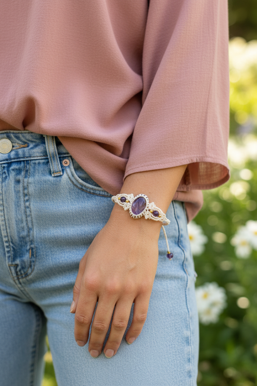 A close-up of a person wearing a cream macrame cuff bracelet with a central oval purple gemstone and smaller side stones, paired with a dusty pink blouse and light blue jeans, set against a blurred green garden background.