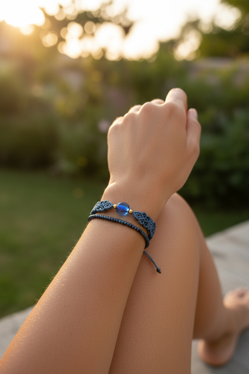 A handcrafted dark blue iridescent seed bead bracelet stacked with a medium blue macrame bracelet featuring an aqua glass disc bead and gold-tone accents, worn on a wrist in golden hour sunlight outdoors. Items sold separately.