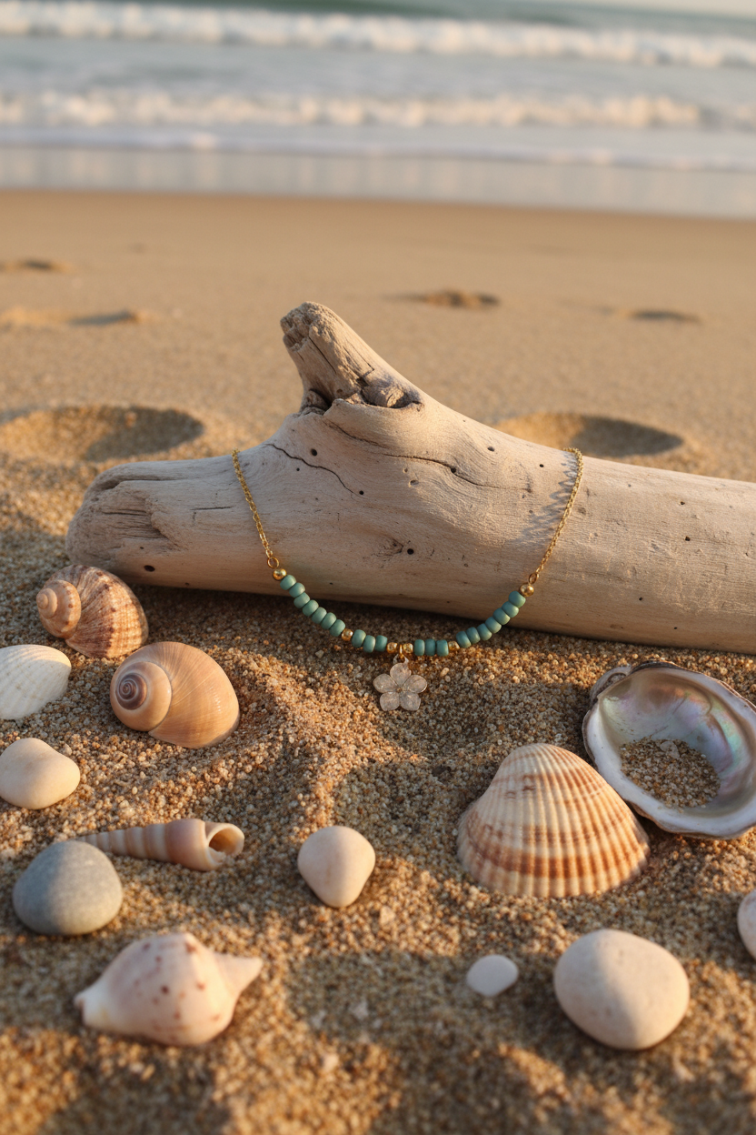A delicate brass chain necklace with turquoise blue seed beads and a small white enamel flower charm rests on a piece of driftwood on a sandy beach, surrounded by seashells.