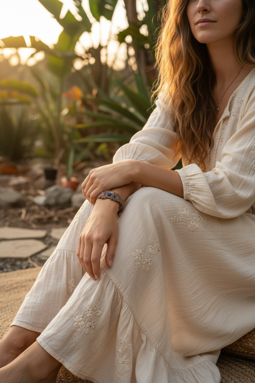 A woman wearing a cream-colored, long-sleeved bohemian-style dress with floral embroidery sits outdoors in a garden setting during golden hour, wearing a brown macrame bracelet with a blue stone on her wrist.