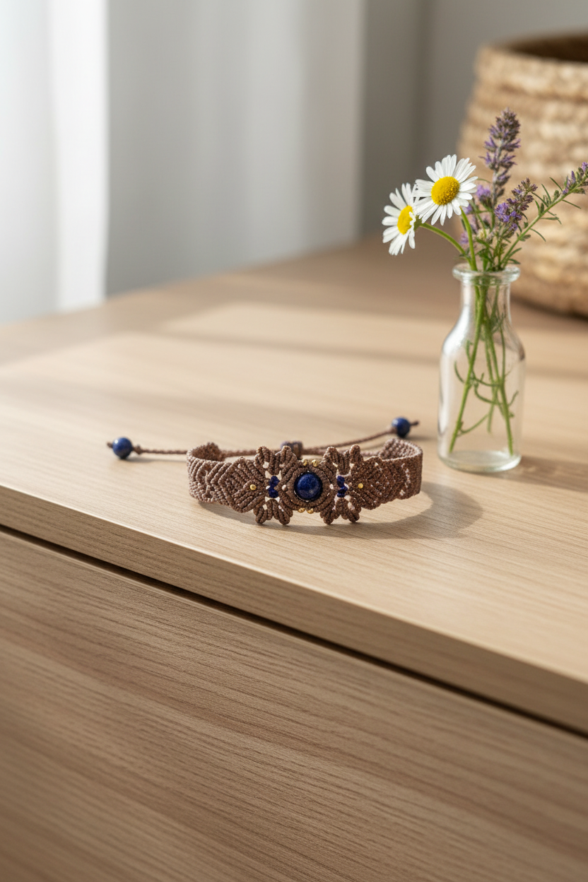 A brown woven macrame bracelet with a central blue and brass accent beads, resting on a light wood table next to a small glass vase with daisies and lavender.