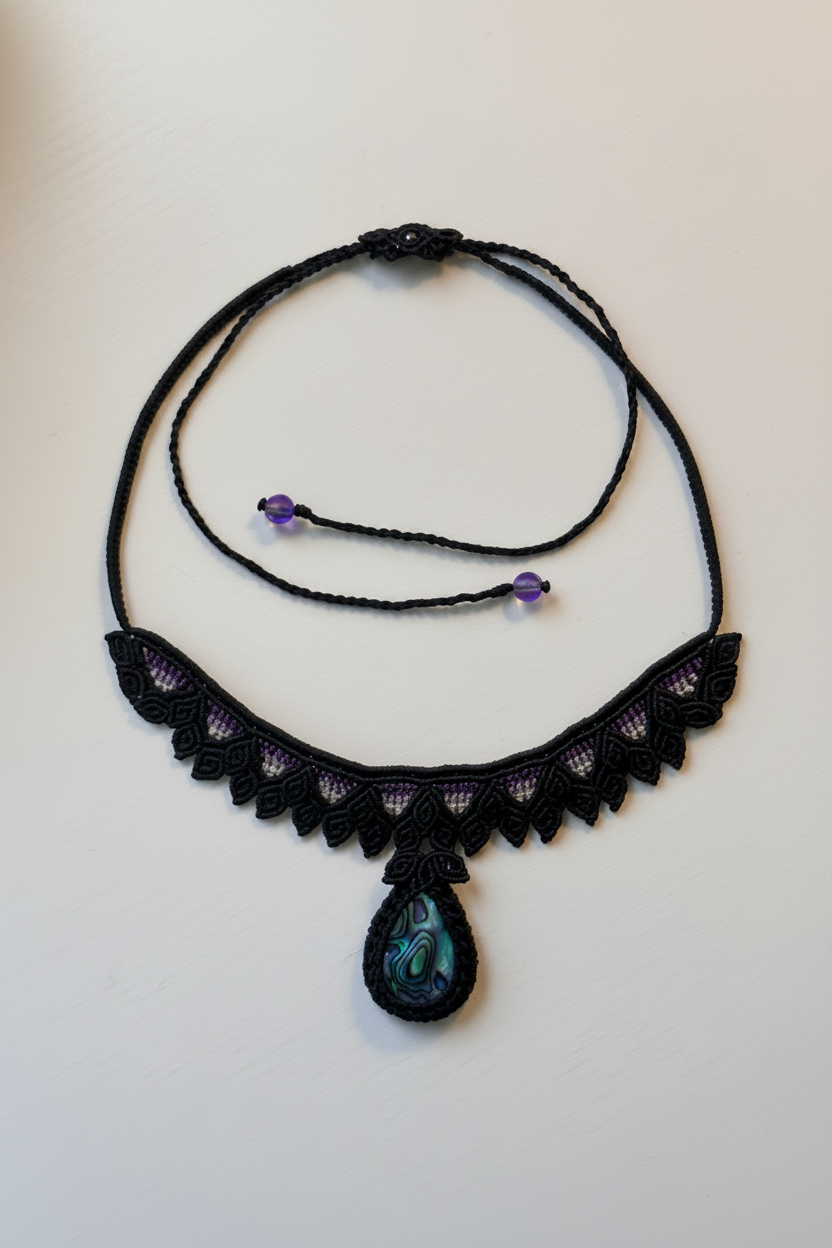 Shades of Purple - Black Macrame Necklace with Abalone