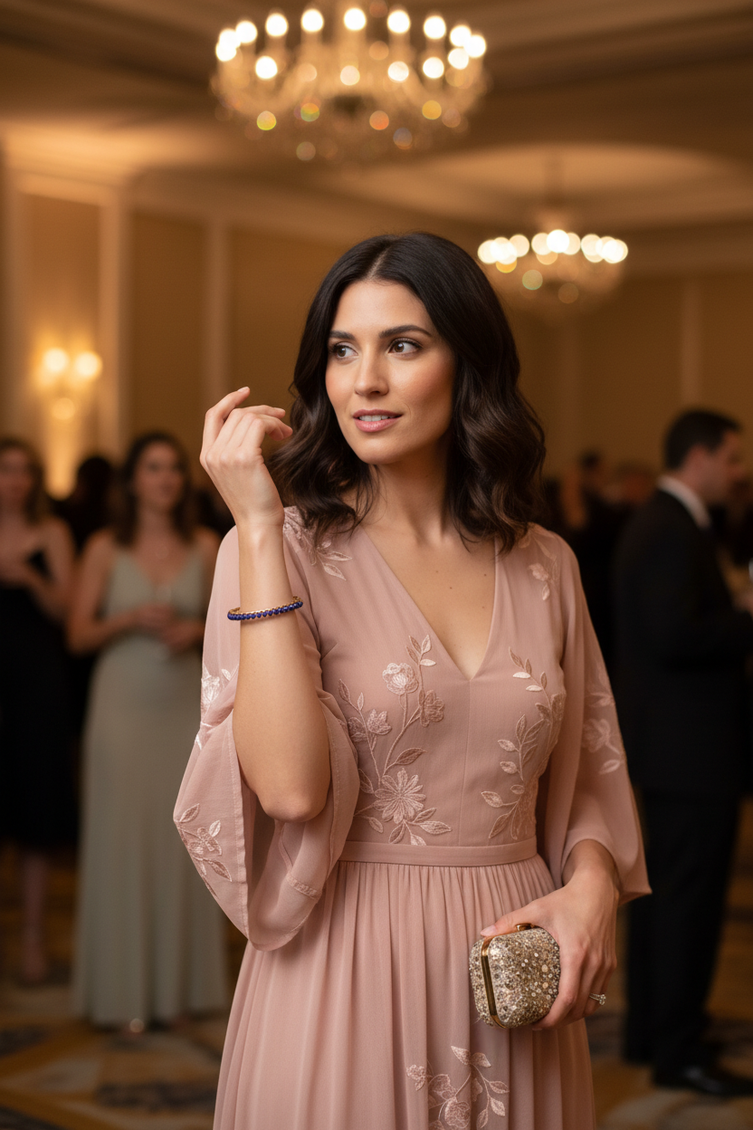 A woman in a dusty pink embroidered evening gown holding a glittery clutch purse, wearing a blue brass bangle bracelet in a warmly lit indoor event setting.