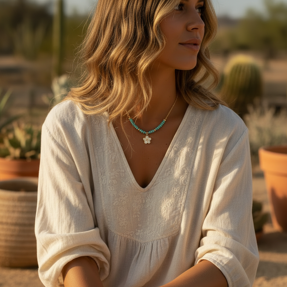 Woman wearing a turquoise seed bead necklace with brass accents and an ivory enamel flower charm with a cream embroidered top.
