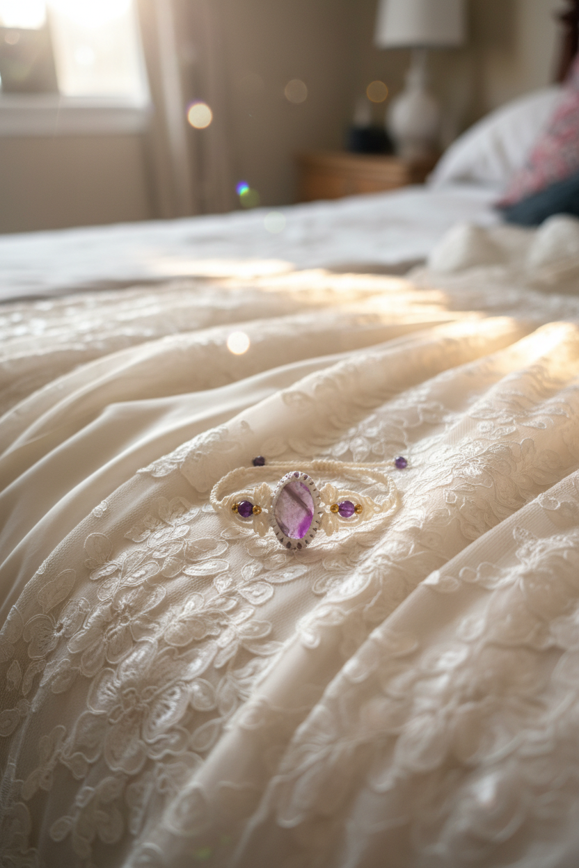 A cream macrame cuff bracelet with an oval purple gemstone and smaller round purple stones, resting on a cream lace dress on a bed in a softly lit bedroom.