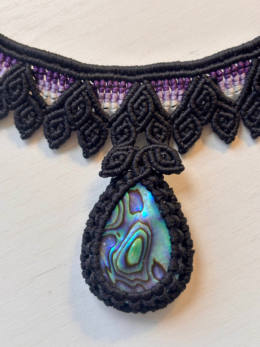 Shades of Purple - Black Macrame Necklace with Abalone