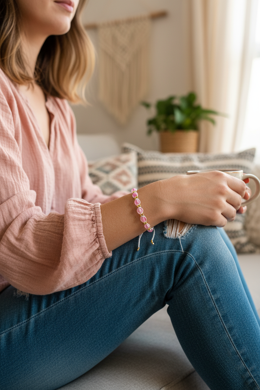 A woman in a pink blouse and blue jeans sits on a couch holding a mug, wearing a pink frosted beaded macrame bracelet with small brass accent beads and charm.