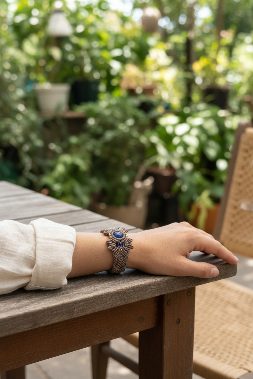 A close-up of a person's arm resting on a wooden table in an outdoor garden setting, wearing a woven brown macrame bracelet with a blue stone centerpiece.