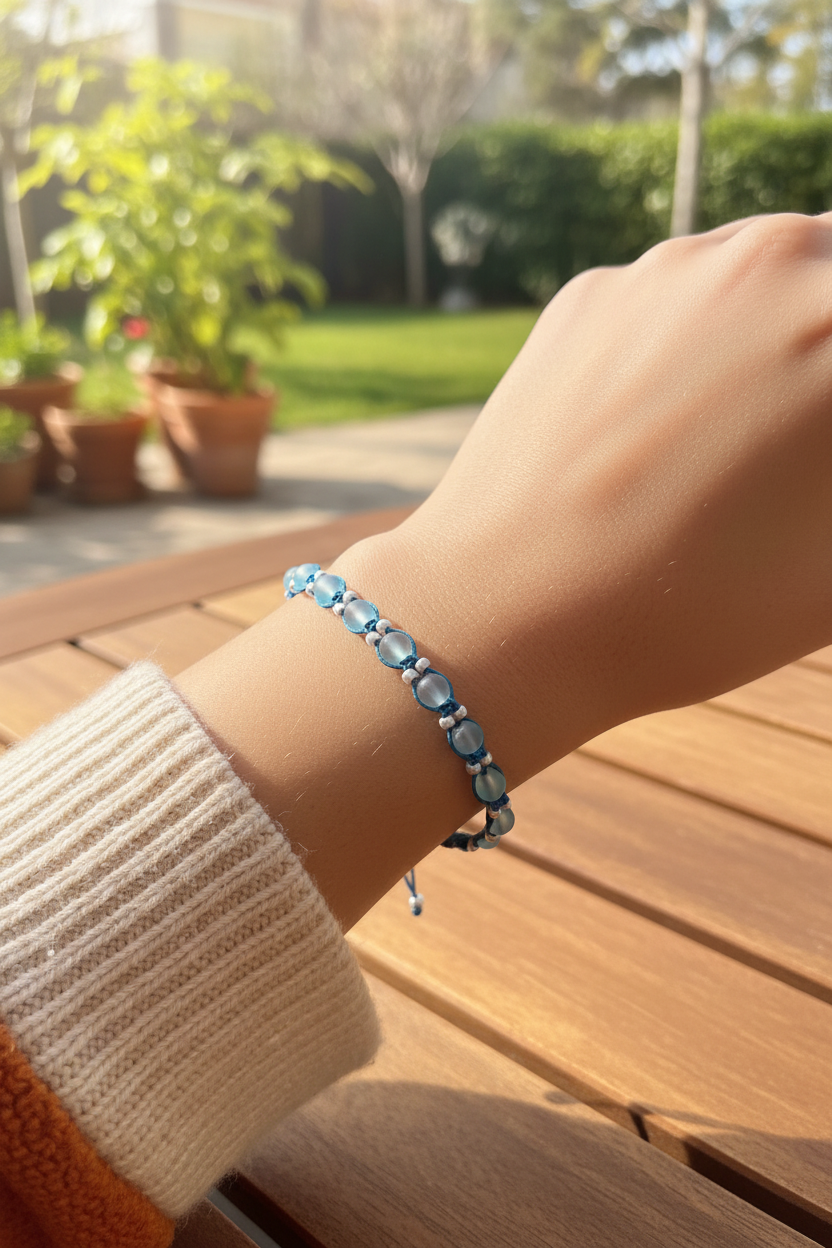 An aqua beaded macrame bracelet with round frosted beads worn on a person's wrist, shown in an outdoor garden setting with a wooden table and potted plants in the background.