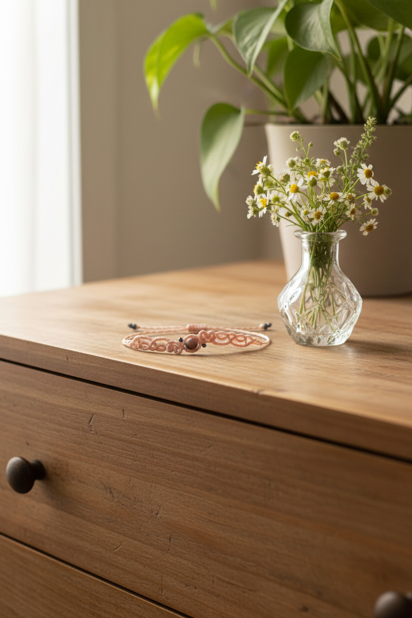 A light pink macrame bracelet with a central Rhodonite stone bead and black iridescent crystal beads rests on a light brown wooden dresser next to a small clear glass vase filled with daisies, with a potted green plant in the soft-focus background.