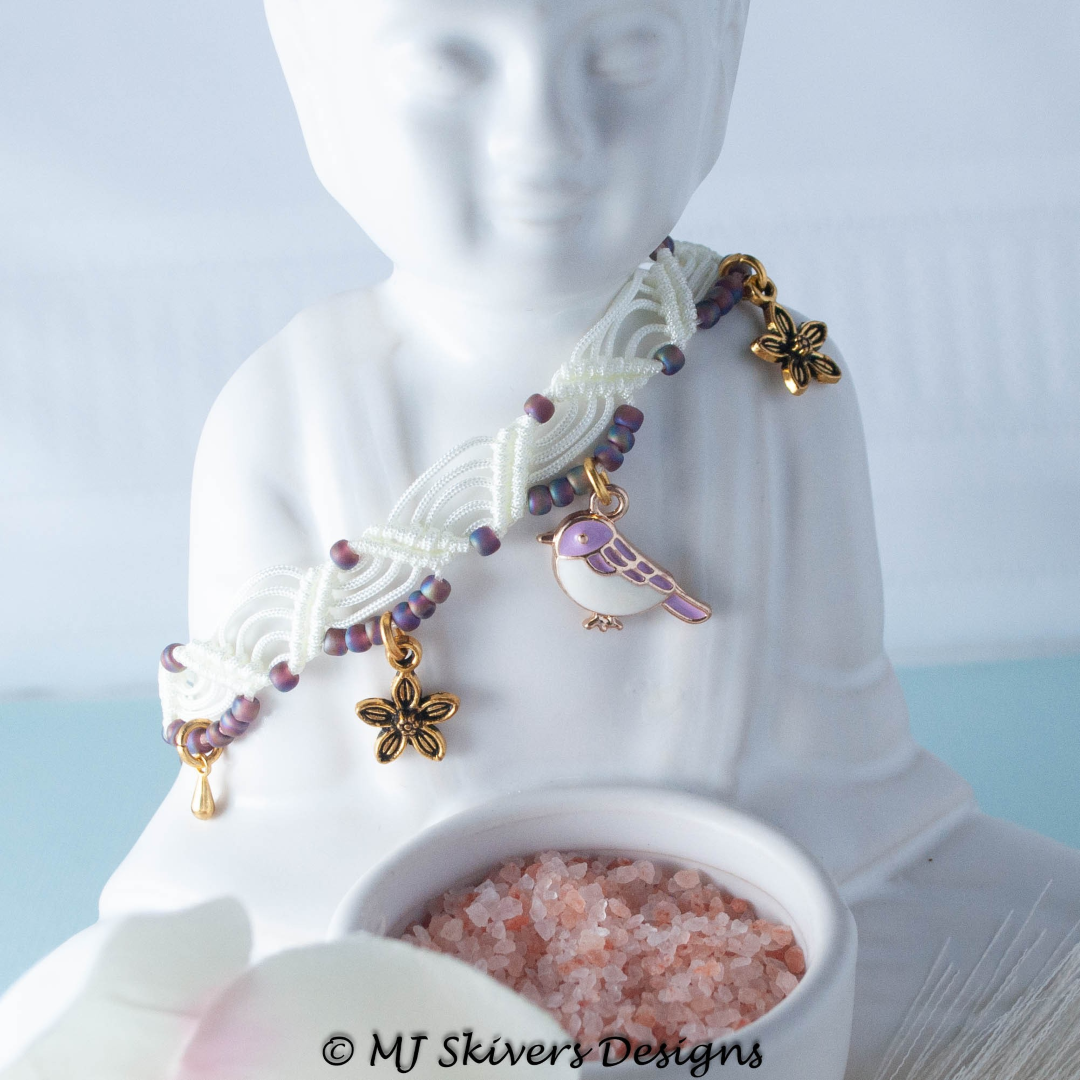 Macrame Double Zig Zag Design Anklet - Ivory and Lavender Bird