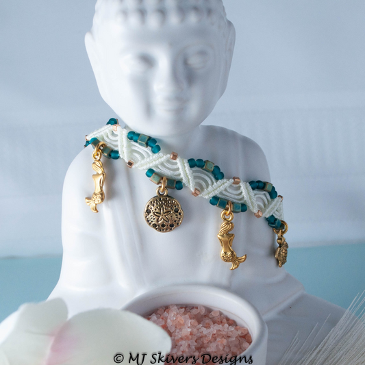 Macrame Double Zig Zag Design Anklet - Ivory and Teal