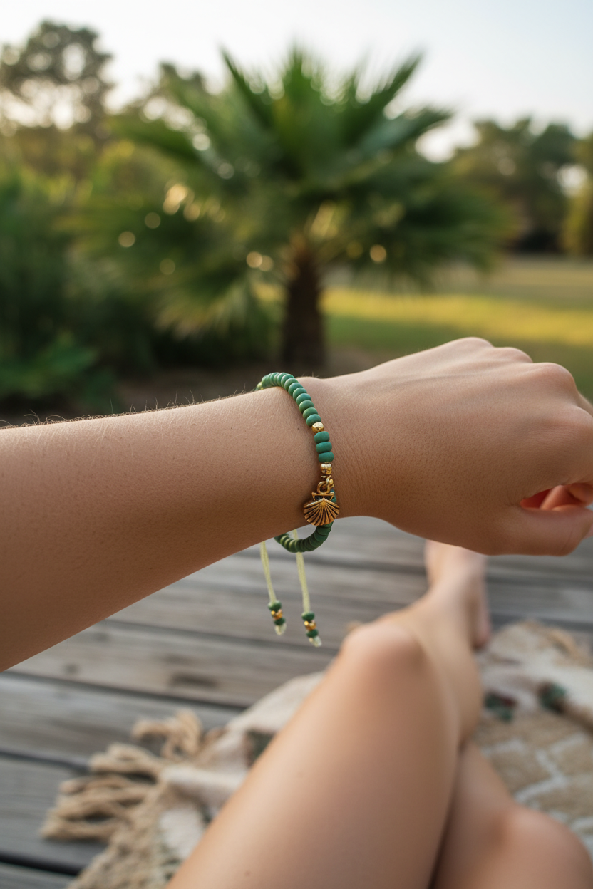 A close-up of a person's wrist wearing a green beaded bracelet with brass accent beads and a brass shell charm, photographed outdoor on a wooden deck with a blurred palm tree and greenery in the background.