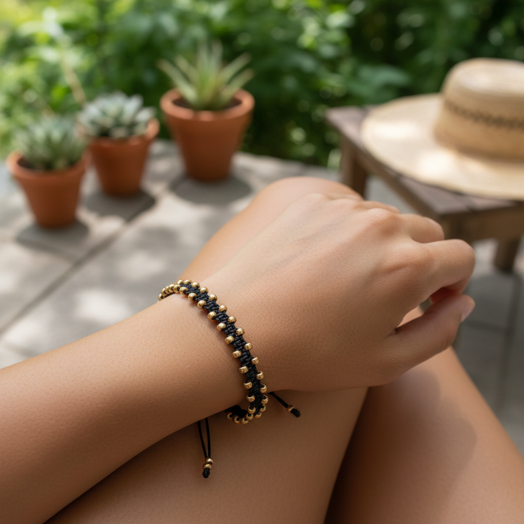 A close-up of a person's wrist wearing a black beaded macrame bracelet with galvanized gold seed beads, set against a blurred outdoor background with potted plants and a straw hat.