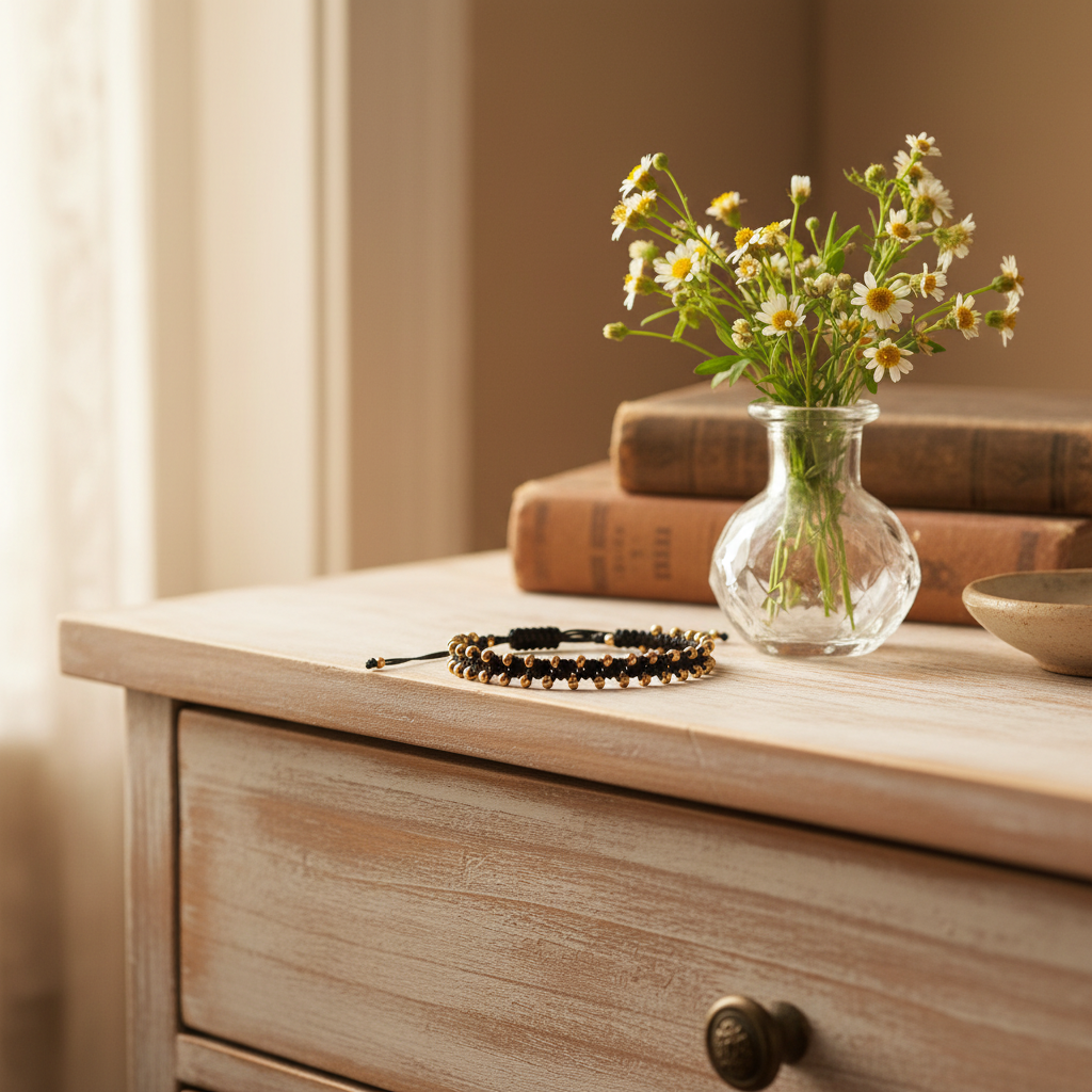 A beaded black macrame bracelet with galvanized gold seed beads lies on a light wood dresser next to a small glass vase holding white daisy flowers and stacked vintage books.
