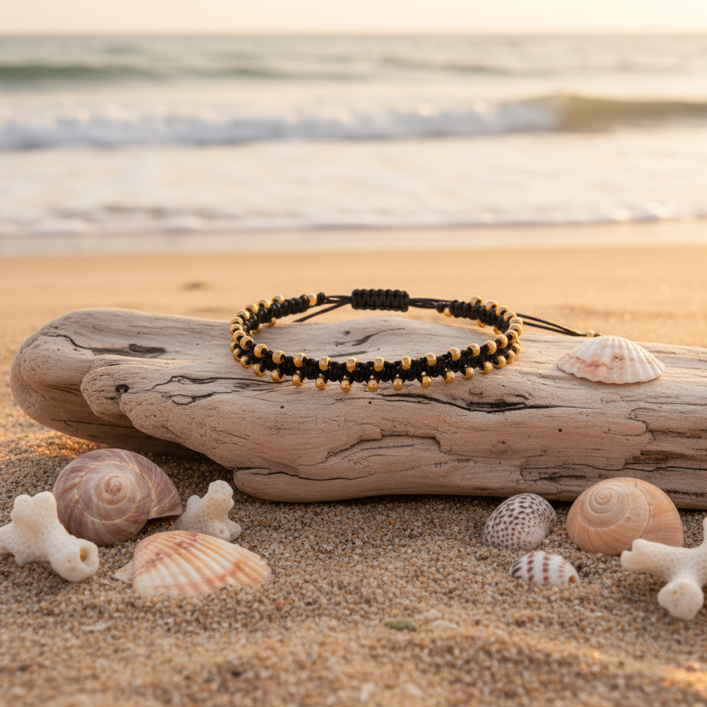 A beaded black macrame bracelet with galvanized gold seed beads rests on a piece of driftwood on a sandy beach, surrounded by seashells with the ocean waves blurred in the background.