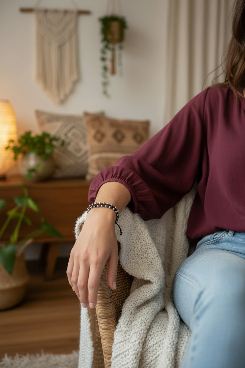 A person seated indoors wearing a black beaded macrame bracelet with galvanized silver seed beads on the wrist, with a burgundy long-sleeve top, light blue jeans, and a cream knit throw blanket in a cozy living room setting.