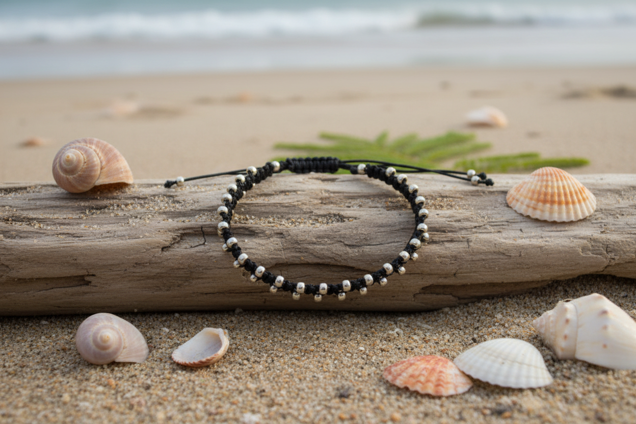 A black beaded macrame bracelet with galvanized silver seed beads, styled on a piece of driftwood on a sandy beach with seashells and the ocean in the background.