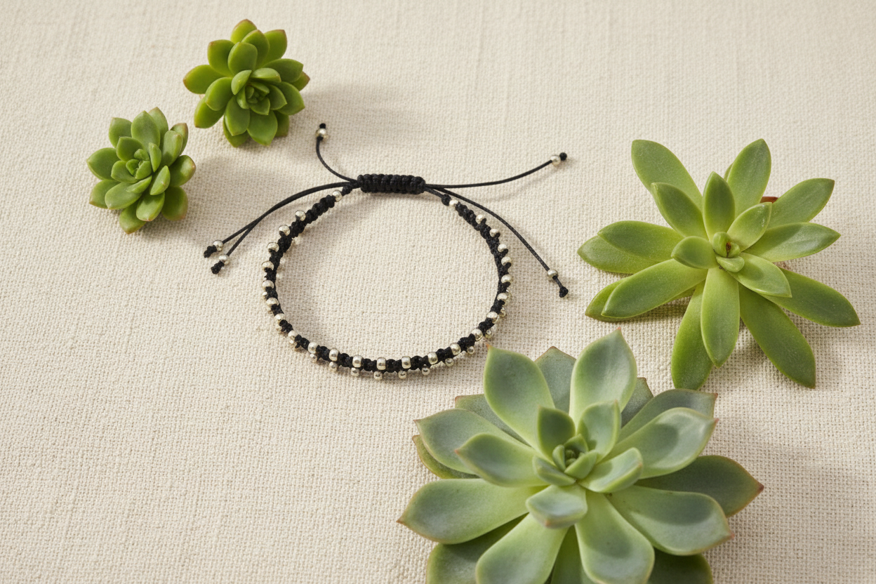 A black beaded adjustable macrame bracelet with galvanized silver seed beads, styled on a textured beige fabric background with green succulent plants.