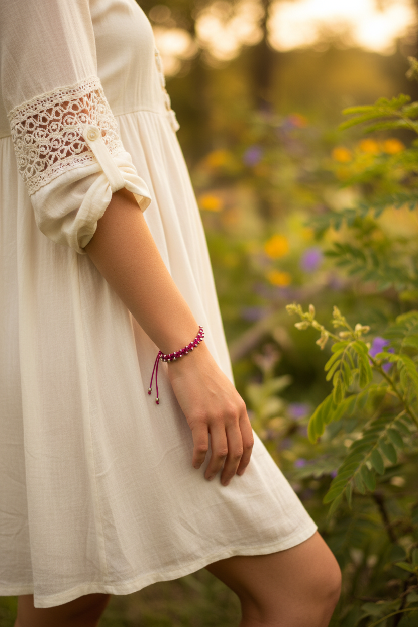 A person wearing a white lace-trimmed dress standing in a sunlit garden, with a magenta macrame bracelet with galvanized silver seed beads on their wrist.