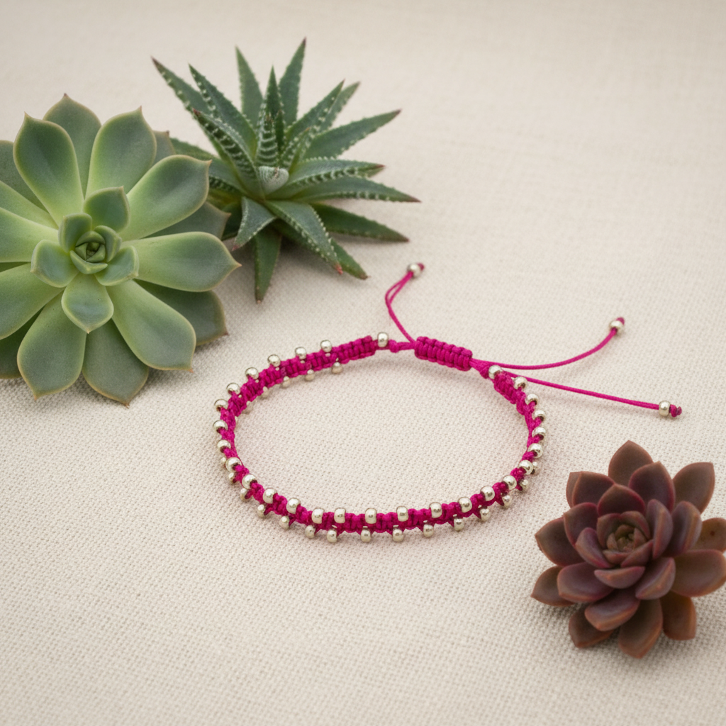 A magenta macrame bracelet with galvanized silver seed beads displayed on a neutral linen surface, flanked by two green succulent plants.