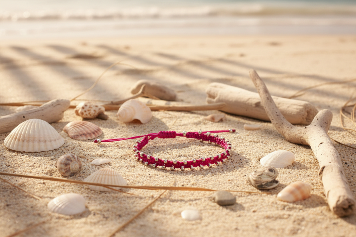 A magenta macrame bracelet with galvanized silver seed beads resting on a piece of driftwood on a sandy beach, surrounded by seashells with the ocean in the background.