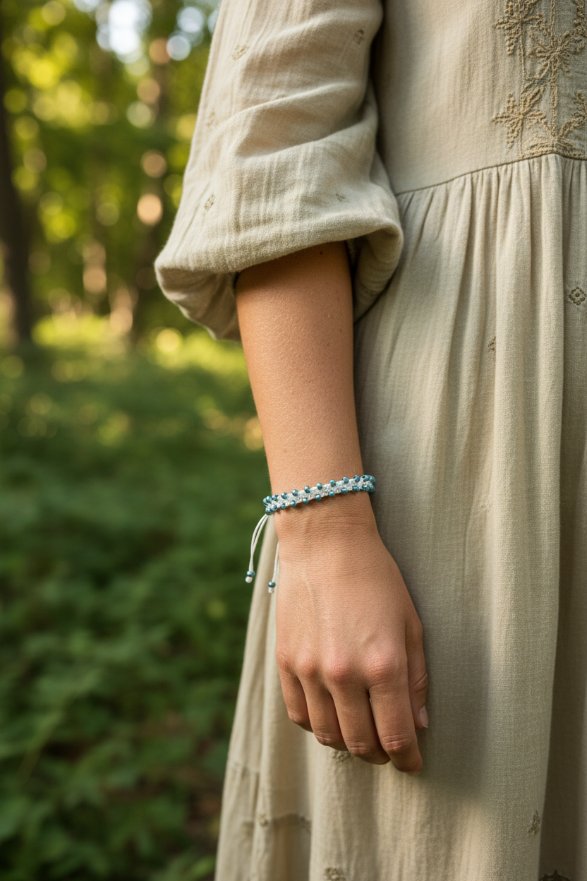 A close-up of a person wearing a white macrame bracelet with metallic teal-blue seed beads on their wrist, dressed in a beige linen dress, with a blurred green forest background.