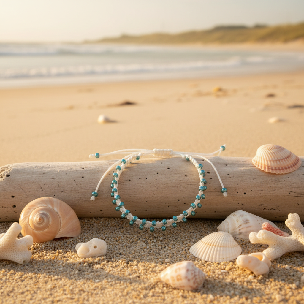 A white macrame bracelet with metallic teal-blue seed beads draped over a driftwood log on a sandy beach, surrounded by seashells and coral.
