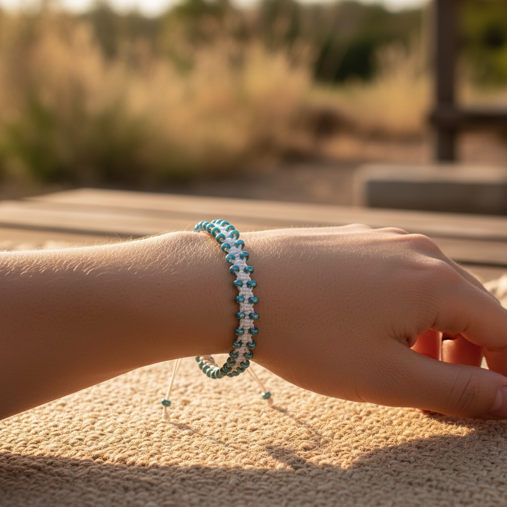 A close-up of a person's hand wearing a white macrame bracelet outdoors on a sunny day. The bracelet is made of white cord and metallic teal-blue seed beads, and the background shows a blurred natural setting with warm sunlight and shadows.