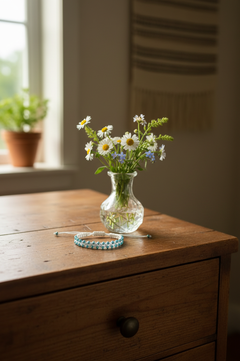 A small clear glass vase with white daisies and blue flowers sits on a wooden dresser next to a white macrame bracelet with metallic teal-blue seed beads. The scene is softly lit by a window in the background.
